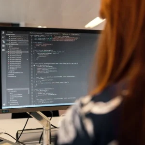 Persona desarrollando el código de una aplicación en un editor sobre un monitor externo